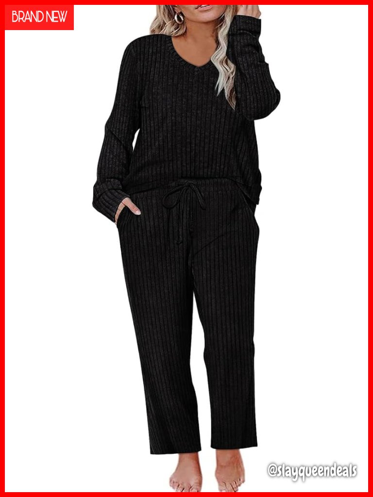Plus Size Lounge Set 2 Piece Sweatsuit Pajama Set Long Sleeve Wide Leg Pants